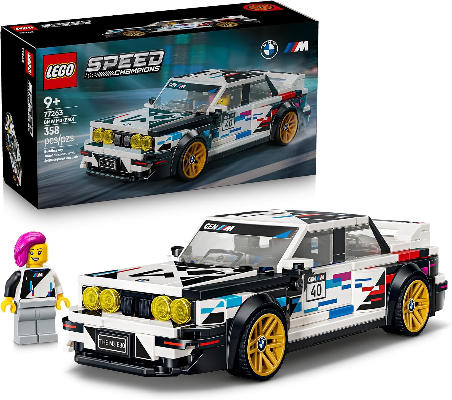 Celebrate the 40th anniversary of a motoring icon with this LEGO® Speed Champions BMW M3 (E30) (77263) building kit, a stunning gift idea for boys and girls ages 9 and up. For the first time, the designers of the LEGO Group and BMW have teamed up to create the unique livery with colors and graphics inspired by BMW’s legendary motorsport division. The toy vehicle features design details from the real-life version, including the square hood, small air intake on the front and rear wing that helped make it the