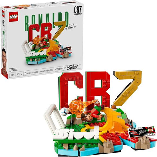 Create a tribute to an iconic soccer star with the LEGO® Editions Cristiano Ronaldo – Soccer Highlights (43012) building set for boys, girls and sports fans ages 10 and up.
Kids will immerse themselves in soccer action as they assemble this collectible display model that celebrates Cristiano Ronaldo. The base forms his name and features the colors of his national team, Portugal, and a large CR7, his iconic abbreviation. A Cristiano Ronaldo minifigure brings the set to life, and there’s also a collectible pl