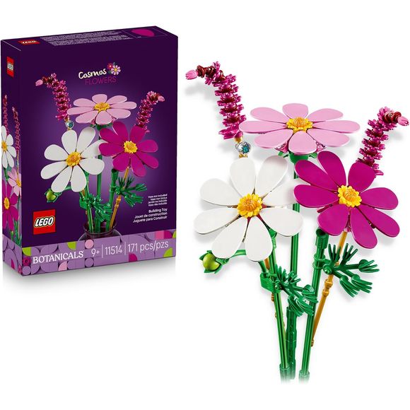 Let a love for nature blossom with the charming LEGO® Botanicals Cosmos Flowers (11514) building set for kids ages 9 and up. Offering a perfect balance of vibrancy and tranquility, this nature-inspired set features 3 detailed cosmos flowers and 2 stems of fluffy red fountain grass. The cosmos flowers are white, purple and pink, and if you look closely, you’ll spot a tiny bug. Once the LEGO blooms are complete, kids can channel their inner florist and arrange them into a custom posy before displaying them as