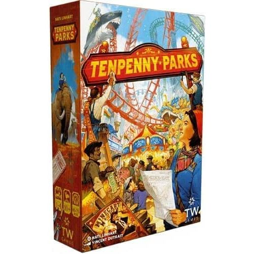 In Tenpenny Parks you have five rounds (months) to transform the humble town of Fairview into the home of the world's greatest theme parks. Each month, players take turns placing workers on the game board to take actions like removing trees, building concessions and attractions, and buying more property to make their growing theme parks as attractive to Visiting People (VP tokens) as possible. Construct rides through the stone age, the American old west, the age of fantasy, the cosmos of space, and the dept