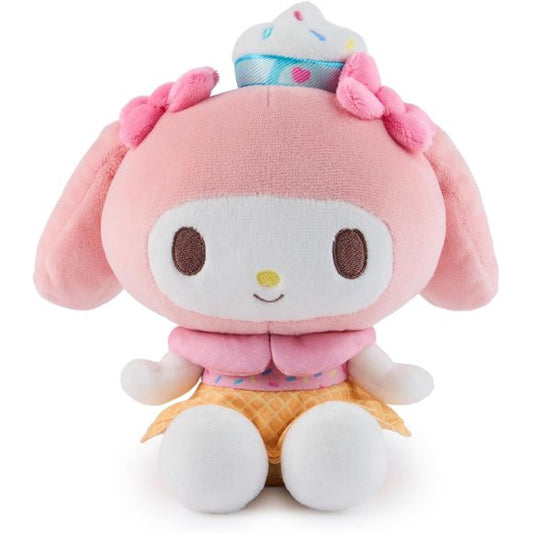 There’s always room for ice cream… and Hello Kitty! Join Hello Kitty, My Melody, and Pompompurin for frosty, sprinkle-covered fun in every flavor with the latest dessert-themed Sanrio plush collection by GUND. My Melody is extra sweet and dressed up as a tasty ice cream cone! This 6-inch seated plush features My Melody, Hello Kitty’s best friend from the world of Sanrio, in a colorful dessert-inspired outfit with velvety-soft pink plush and chocolate-brown embroidered facial details. My Melody looks lovely