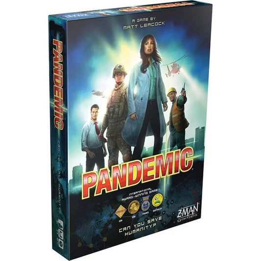 You and your team are the only things standing in the way of deadly diseases that threaten the world. The fate of humanity is in your hands.
From designer Matt Leacock, Pandemic is a cooperative game of teamwork for two to four players. As members of an elite disease control team, you must keep four deadly diseases at bay. Work together as you travel the globe to treat infections while collecting the cards you need to discover a cure for each disease. But the clock is ticking as outbreaks and epidemics fue