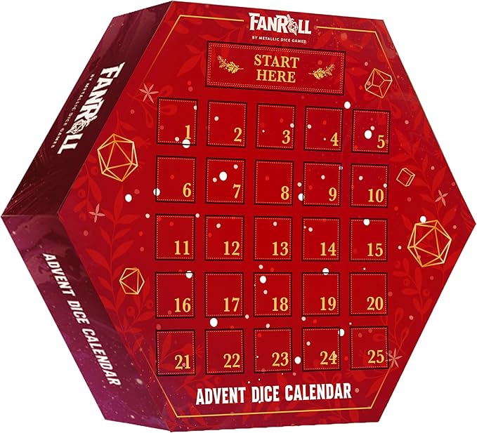 Tis the season to roll with Santa! The FanRoll advent calendar has 25 days of dice madness and includes: -One Exclusive set of Inclusion Dice (Holiday Themed) -Two full sets of assorted dice (d4, d6, d8, d10, d12, and d20) -One Exclusive Mini Set -One Exclusive Metal 20-sided die -A holiday themed FanRoll dice bag to carry your loot!