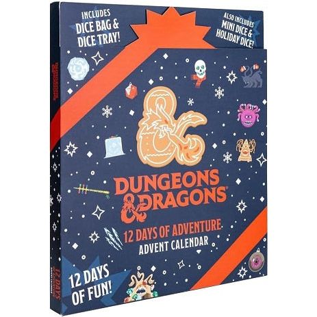 A new addition to this holiday season is the 12 Days of Adventure Advent Calendar which includes all the accessories you need to play!� Countdown the 12 days to Christmas with the official D&D advent dice calendar that includes a dice tray, a custom D&D inclusion dice set, a D&D mini dice set, an exclusive Beholder inclusion d20, a dice bag to carry your loot, and more!