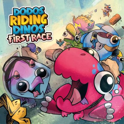 Lots of skill and new obstacles! In Dodos Riding Dinos: First Race, you take on the role of a dodo and dinosaur duo as you throw projectiles at your opponents to hinder them and cross the finish line before they do. Use your dexterity to set back your rivals by launching everything from banana peels, meteors and shooting stars!
Contents:
1 Double-sided Board
4 Projectiles
60 Movement Cards
6 Character Cards
1 Die
1 First Player Token
6 Character Tokens