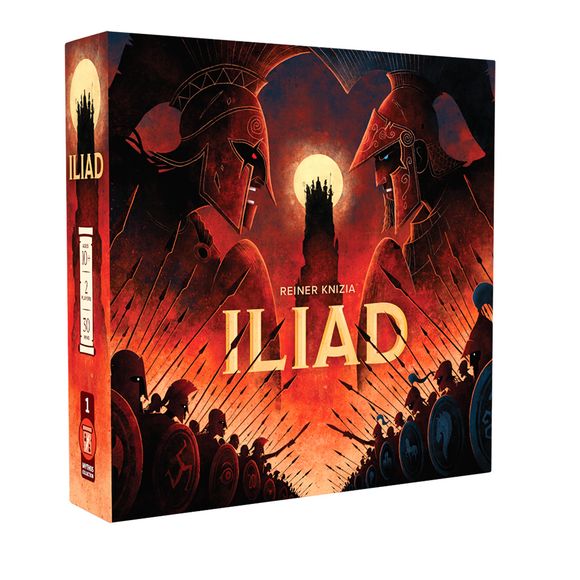 The Trojan War has begun, and both sides of the conflict pursue every advantage they can possibly gain. Two opposing heroes — Hector of the Trojans and Achilles of the Greeks — seek the favor of the gods to lend them support and tip the scales of fate. Only one side will emerge victorious, its hero becoming the legend of the Iliad.
Iliad is a tile-placement strategy game for two-players by Reiner Knizia. On your turn, select one of two tiles from your hand and place it onto the board adjacent to an opponen