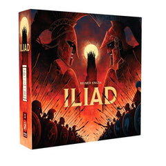 The Trojan War has begun, and both sides of the conflict pursue every advantage they can possibly gain. Two opposing heroes — Hector of the Trojans and Achilles of the Greeks — seek the favor of the gods to lend them support and tip the scales of fate. Only one side will emerge victorious, its hero becoming the legend of the Iliad.
Iliad is a tile-placement strategy game for two-players by Reiner Knizia. On your turn, select one of two tiles from your hand and place it onto the board adjacent to an opponen
