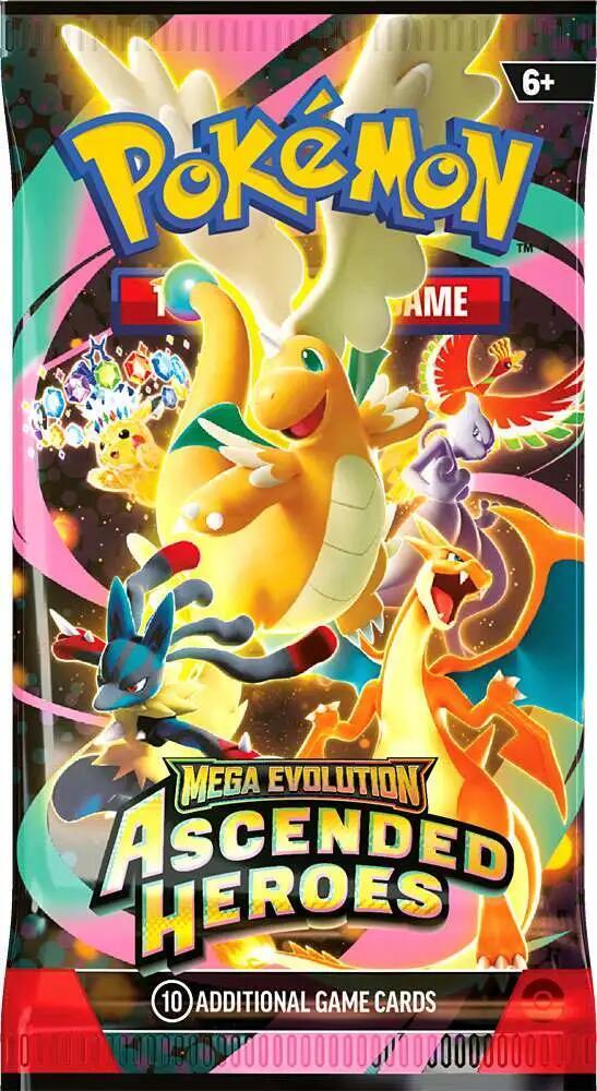 Marvel at the awesome potential as Mega Dragonite ex takes flight, leading a gathering of all-star Pokémon to battle! Trainer’s Pokémon and Stellar Tera Pokémon ex join returning and newly discovered Mega Evolution Pokémon ex, including some with special artwork showing off their biggest and boldest attacks. Celebrate the stars of Scarlet & Violet and the dawn of Mega Evolution with the Pokémon TCG: Mega Evolution—Ascended Heroes expansion!
1x Pack contains 10 cards.