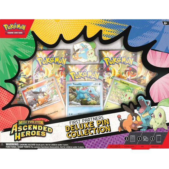 Release Date: 03/20/2026
Chikorita, Tepig & Totodile Join Your Journey! Before going on a new adventure, it's essential to choose a first partner Pokemon! With this box, you can befriend the Grass type Chikorita, Fire type Tepig, and Water type Totodile as foil promo cards and as a deluxe pin showing off all three Pokemon together in glossy enamel. You also get five booster packs from the special Mega Evolution Ascended Heroes expansion! The Pokemon TCG: Mega Evolution Ascended Heroes First Partners Deluxe