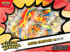 Release Date: 04/24/2026
Limit 3 Per Customer
Mega Evolution Pokémon ex Embody Heart and Power in Battle! Forge a bond that takes your partner Pokémon’s strength past the limit with Mega Evolution! In this box, you’ll find Mega Meganium ex, Mega Emboar ex, or Mega Feraligatr ex as a playable foil promo card, along with an oversize lenticular card with dynamic artwork and four booster packs from the special Mega Evolution—Ascended Heroes expansion. The Pokémon TCG: Mega Evolution—Ascended Heroes Mega Emboar