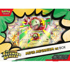 Release Date: 04/24/2026
Mega Evolution Pokémon ex Embody Heart and Power in Battle!
Forge a bond that takes your partner Pokémon’s strength past the limit with Mega Evolution! In this box, you’ll find Mega Meganium ex, Mega Emboar ex, or Mega Feraligatr ex as a playable foil promo card, along with an oversize lenticular card with dynamic artwork and four booster packs from the special Mega Evolution—Ascended Heroes expansion.
The Pokémon TCG: Mega Evolution—Ascended Heroes Mega Meganium ex Box, includes: