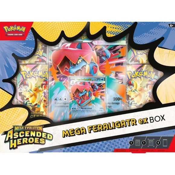 Release Date: 04/24/2026
Limit 3 Per Customer
Mega Evolution Pokémon ex Embody Heart and Power in Battle! Forge a bond that takes your partner Pokémon’s strength past the limit with Mega Evolution! In this box, you’ll find Mega Meganium ex, Mega Emboar ex, or Mega Feraligatr ex as a playable foil promo card, along with an oversize lenticular card with dynamic artwork and four booster packs from the special Mega Evolution—Ascended Heroes expansion. The Pokémon TCG: Mega Evolution—Ascended Heroes Mega Feralig