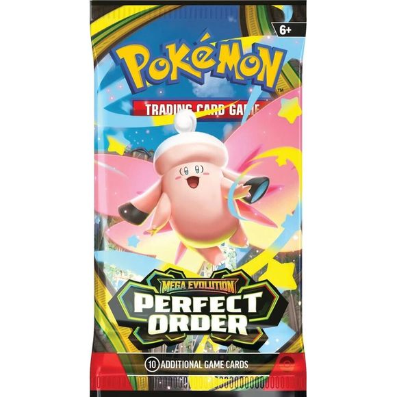 Release Date 03/27/2026
The pulse of the city beats in sync with the Pokémon and people who call it home—and preserving the order of it all is Mega Zygarde ex, the Legendary Pokémon who embodies strength in numbers! With threatening forces held at bay, peaceful days are ahead for the city's residents, including Pokémon like Mega Clefable ex, Mega Starmie ex, and Meowth ex, in the Pokémon TCG: Mega Evolution—Perfect Order expansion! Packs contain 10 random cards.