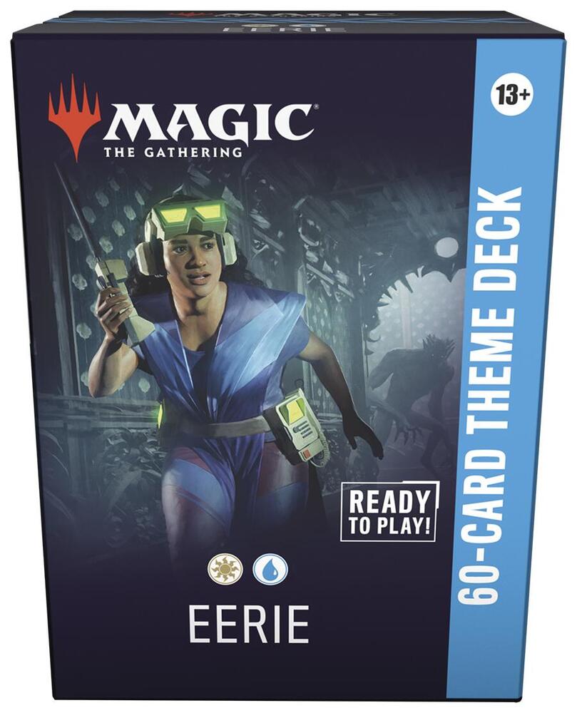 Release Date 4/24/2026
Jump into the fray with a 60-card deck that's pre-built for exciting, themed battles! Become the creak under the floorboards with eerie, which rewards you for playing enchantments and unlocking Rooms. Scare your foe with an explosive turn that makes a huge board out of thin air!
Contents:
• 60 battle-ready Magic: The Gathering cards
• 5 double-sided token cards
• Deck box
• Reference card
• Strategy insert