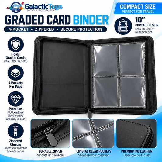 Protect and organize your graded card collection with the Galactic Toys 4-Pocket Graded Card Zipper Binder. Its compact design holds 4 graded slabs per page, giving collectors a convenient way to store, display, and transport their favorite cards without the bulk of a larger binder.
Crystal-clear pockets keep your slabs visible while the durable PU leather exterior and zippered closure provide added protection during storage or travel. At approximately 10" wide while closed, the compact size is easy to car