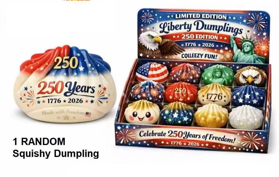Celebrate 250 years of freedom with these adorable Liberty Dumplings! Each soft, slow-rising squishy features vibrant patriotic designs inspired by American icons—fireworks, stars & stripes, the Statue of Liberty, and more.
Perfect as a fidget toy, stress reliever, or collectible, these dumplings are made with a satisfying squeeze-and-release texture that helps keep hands busy and minds relaxed. Whether you’re at your desk, in class, or on the go, they’re a fun way to unwind.
Each purchase includes 1 rand