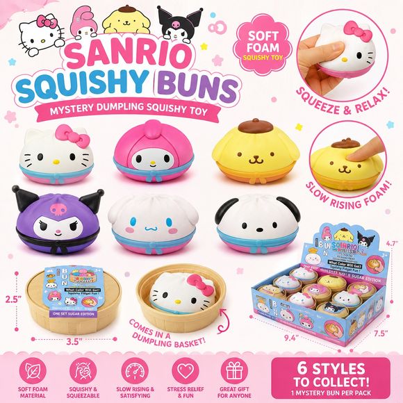 Add some squishy fun to your day with these adorable Squishy Buns Mystery Toys! Each soft foam bun comes packed inside a cute dumpling basket-style container, making every opening a fun surprise. Designed for satisfying squeezes and slow-rising relaxation, these playful fidget toys are perfect for stress relief, desk décor, or collecting.
Each mystery package contains 1 random bun style, featuring cute and colorful character-inspired designs. Will you discover the super rare golden glitter bun?