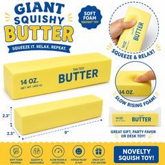 Squish away stress with this hilarious oversized butter stick squishy toy! Designed to look like a giant stick of salted butter, this jumbo foam squeeze toy is soft, slow-rising, and super satisfying to squish, squeeze, and fidget with. Its oversized 9-inch design makes it a fun desk toy, novelty gift, or stress relief accessory for kids and adults alike.
Made from soft foam material, the butter squishy slowly returns to its original shape after every squeeze, creating a calming sensory experience that’s p