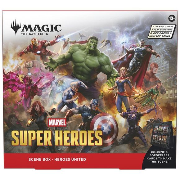 Release Date June 26, 2026
Heroes United
Captain America leads his team to battle against an overwhelming threat. No force in the universe can match the might of Heroes united!
Contents:
• Includes 3 Magic: The Gathering® | Marvel Super Heroes Play Boosters
• Each Play Booster contains 14 Magic: The Gathering cards:
• May contain these cards: MSH 1–384; MAR 41–100
• 1–4 cards of rarity rare or higher (2: 27%; 3: 2%; 4: <1%)
• 3–5 uncommon cards
• 6–9 common cards
• 1 land
• 1 card of any rarity is tradition