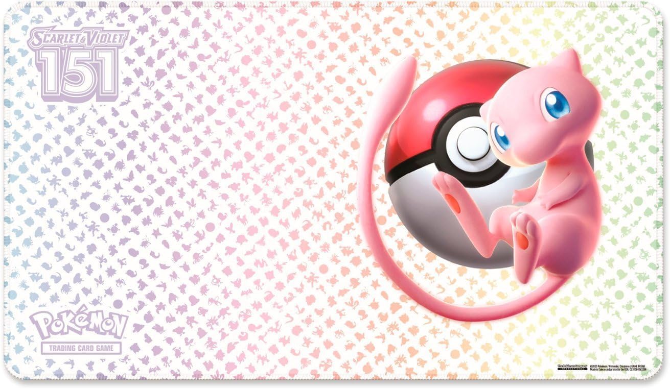 A colorful playmat featuring artwork of Mew and the kanto pokedex.