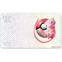 A colorful playmat featuring artwork of Mew and the kanto pokedex.