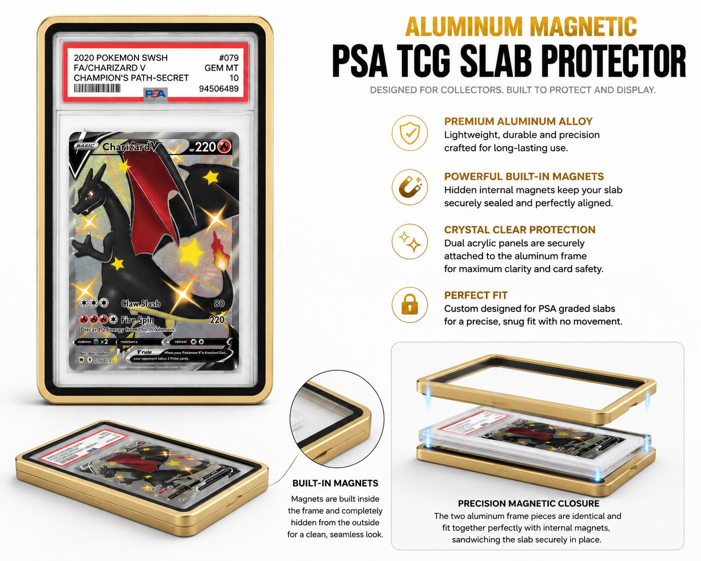 Protect your prized PSA-graded trading cards in style with this Premium Aluminum Magnetic PSA TCG Slab Protector. Designed specifically for PSA slabs, this precision-crafted protector combines a durable aluminum alloy frame with crystal-clear acrylic panels to showcase your collection while helping protect it from everyday scratches, scuffs, and handling.
Hidden internal magnets provide a satisfying, secure closure without visible hardware, creating a clean, seamless appearance. The two precision-machined