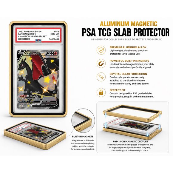 Protect your prized PSA-graded trading cards in style with this Premium Aluminum Magnetic PSA TCG Slab Protector. Designed specifically for PSA slabs, this precision-crafted protector combines a durable aluminum alloy frame with crystal-clear acrylic panels to showcase your collection while helping protect it from everyday scratches, scuffs, and handling.
Hidden internal magnets provide a satisfying, secure closure without visible hardware, creating a clean, seamless appearance. The two precision-machined