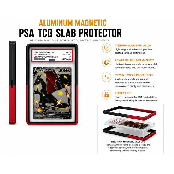 Protect your prized PSA-graded trading cards in style with this Premium Aluminum Magnetic PSA TCG Slab Protector. Designed specifically for PSA slabs, this precision-crafted protector combines a durable aluminum alloy frame with crystal-clear acrylic panels to showcase your collection while helping protect it from everyday scratches, scuffs, and handling.
Hidden internal magnets provide a satisfying, secure closure without visible hardware, creating a clean, seamless appearance. The two precision-machined