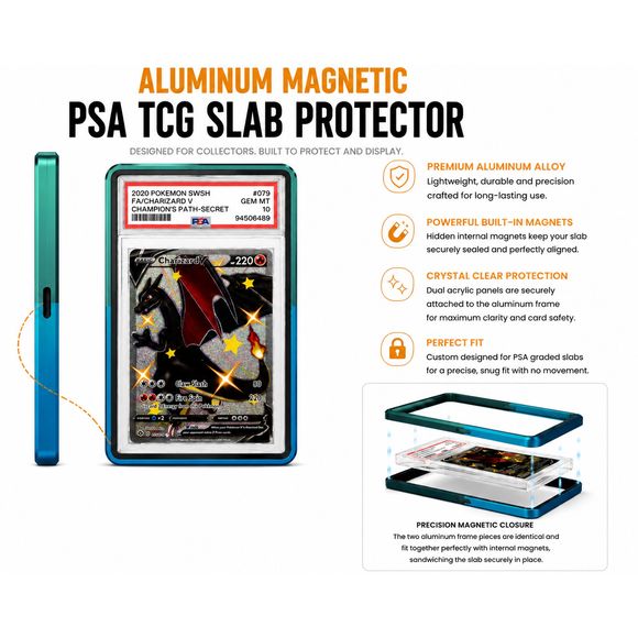 Protect your prized PSA-graded trading cards in style with this Premium Aluminum Magnetic PSA TCG Slab Protector. Designed specifically for PSA slabs, this precision-crafted protector combines a durable aluminum alloy frame with crystal-clear acrylic panels to showcase your collection while helping protect it from everyday scratches, scuffs, and handling.
Hidden internal magnets provide a satisfying, secure closure without visible hardware, creating a clean, seamless appearance. The two precision-machined