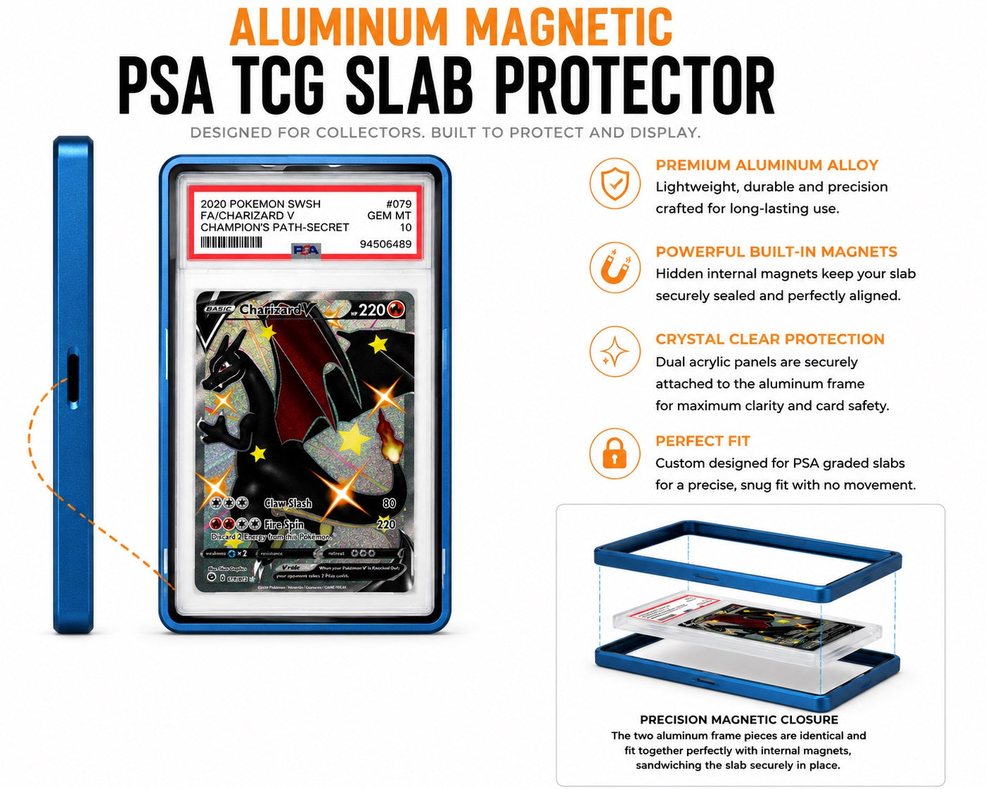 Protect your prized PSA-graded trading cards in style with this Premium Aluminum Magnetic PSA TCG Slab Protector. Designed specifically for PSA slabs, this precision-crafted protector combines a durable aluminum alloy frame with crystal-clear acrylic panels to showcase your collection while helping protect it from everyday scratches, scuffs, and handling.
Hidden internal magnets provide a satisfying, secure closure without visible hardware, creating a clean, seamless appearance. The two precision-machined