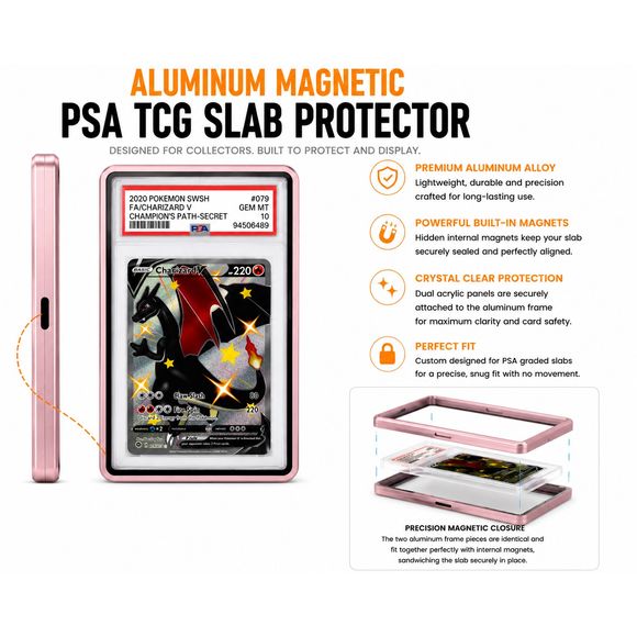 Protect your prized PSA-graded trading cards in style with this Premium Aluminum Magnetic PSA TCG Slab Protector. Designed specifically for PSA slabs, this precision-crafted protector combines a durable aluminum alloy frame with crystal-clear acrylic panels to showcase your collection while helping protect it from everyday scratches, scuffs, and handling.
Hidden internal magnets provide a satisfying, secure closure without visible hardware, creating a clean, seamless appearance. The two precision-machined