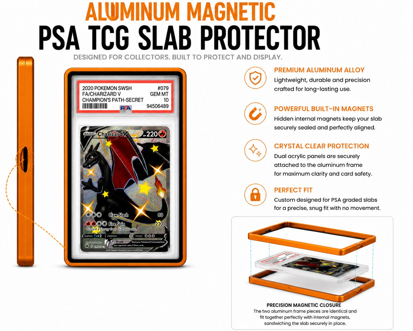 Protect your prized PSA-graded trading cards in style with this Premium Aluminum Magnetic PSA TCG Slab Protector. Designed specifically for PSA slabs, this precision-crafted protector combines a durable aluminum alloy frame with crystal-clear acrylic panels to showcase your collection while helping protect it from everyday scratches, scuffs, and handling.
Hidden internal magnets provide a satisfying, secure closure without visible hardware, creating a clean, seamless appearance. The two precision-machined