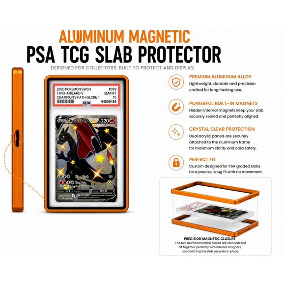Protect your prized PSA-graded trading cards in style with this Premium Aluminum Magnetic PSA TCG Slab Protector. Designed specifically for PSA slabs, this precision-crafted protector combines a durable aluminum alloy frame with crystal-clear acrylic panels to showcase your collection while helping protect it from everyday scratches, scuffs, and handling.
Hidden internal magnets provide a satisfying, secure closure without visible hardware, creating a clean, seamless appearance. The two precision-machined