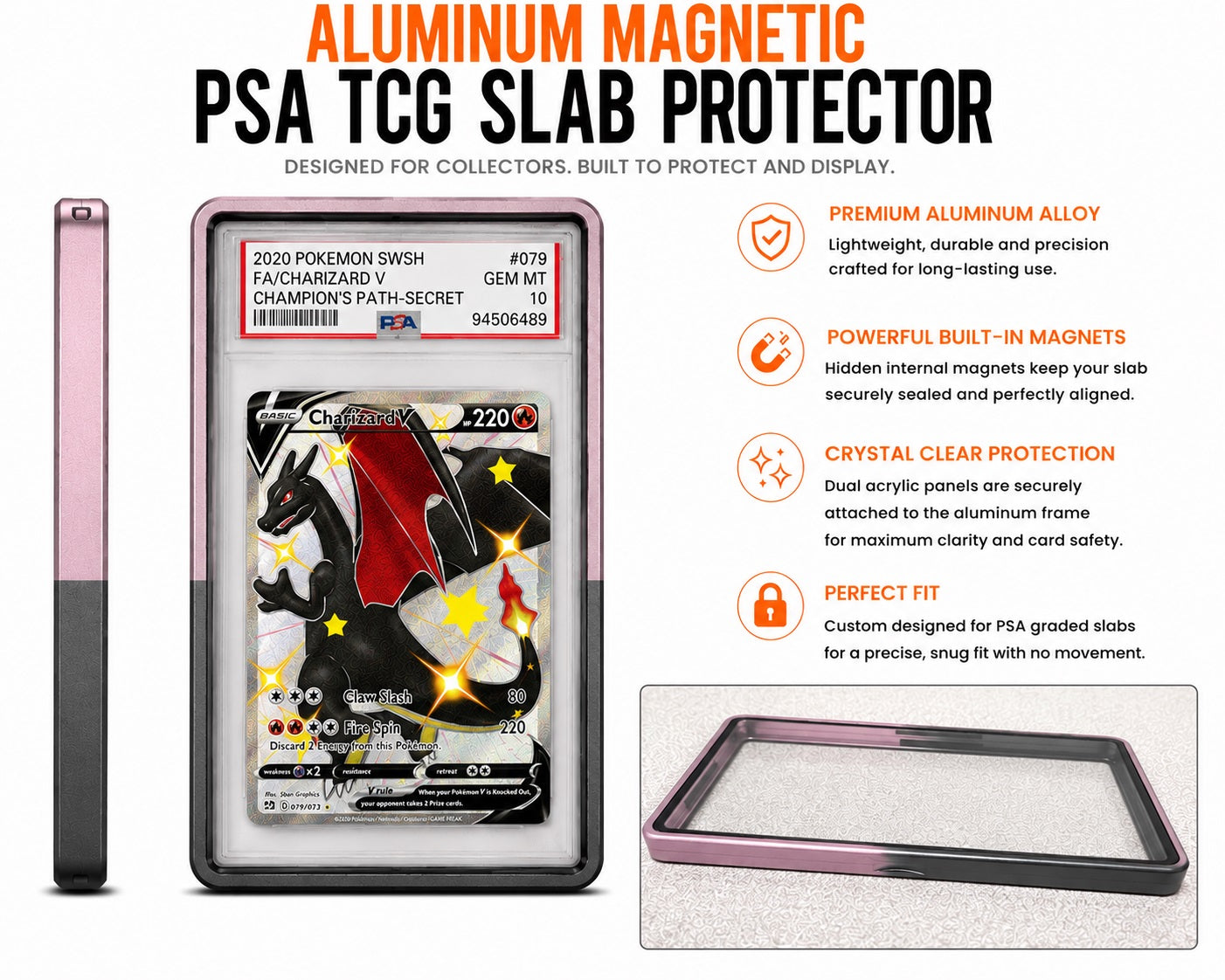Protect your prized PSA-graded trading cards in style with this Premium Aluminum Magnetic PSA TCG Slab Protector. Designed specifically for PSA slabs, this precision-crafted protector combines a durable aluminum alloy frame with crystal-clear acrylic panels to showcase your collection while helping protect it from everyday scratches, scuffs, and handling.
Hidden internal magnets provide a satisfying, secure closure without visible hardware, creating a clean, seamless appearance. The two precision-machined