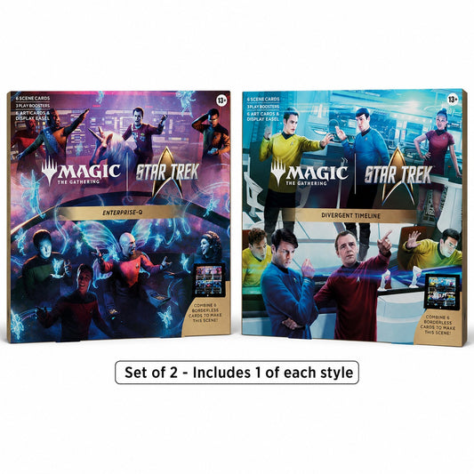 <p><strong>Release Date: 11/19/2026</strong></p>
<p>Contains one of each Divergent Timelines and Enterprise-Q scene boxes. Each scene box includes:</p>
<ul>
<li>6 traditional foil scene cards</li>
<li>3 Play Boosters Each Play Booster contains 14 Magic: The Gathering cards</li>
<li>6 art-only scene cards</li>
<li>Display easel</li>
</ul>