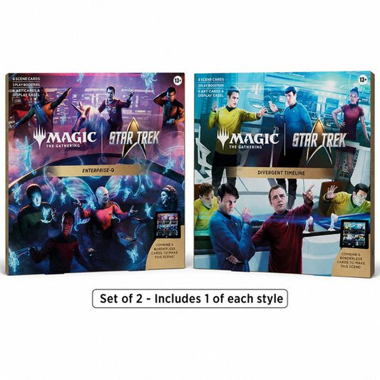 <p><strong>Release Date: 11/19/2026</strong></p>
<p>Contains one of each Divergent Timelines and Enterprise-Q scene boxes. Each scene box includes:</p>
<ul>
<li>6 traditional foil scene cards</li>
<li>3 Play Boosters Each Play Booster contains 14 Magic: The Gathering cards</li>
<li>6 art-only scene cards</li>
<li>Display easel</li>
</ul>