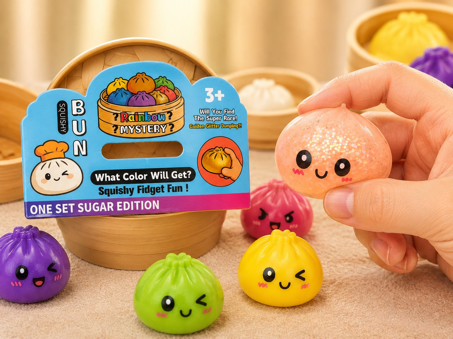 Discover the cutest stress-relief companion with the Mini Mystery Dumpling Sugar Edition Squishy Fidget Toy! Each bamboo steamer-style container hides one adorable mini dumpling squishy featuring a kawaii face and a soft, translucent body filled with shimmering glitter and tiny squish beads for a uniquely satisfying sensory experience.
Perfect for fidgeting, collecting, or gifting, every dumpling offers a fun mystery surprise. Will you uncover the Super Rare Golden Glitter Dumpling?
