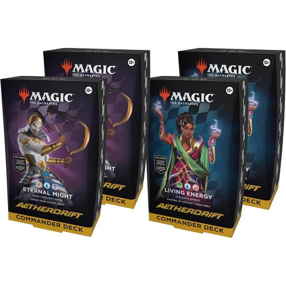 Release Date: 02/14/2025
This bundle includes 2 of each Aetherdrift Commander Deck, with 2 Living Energy decks and 2 Eternal Might decks. Each includes 1 deck of 100 Magic cards (98 nonfoil cards and 2 Traditional Foil Borderless Legendary cards), a 2-card Collector Booster Sample Pack (contains 1 Traditional Foil or nonfoil alt-border card of rarity Rare or higher and 1 Traditional Foil Uncommon card), 10 double-sided tokens, 1 deck box (can hold 100 sleeved cards), 1 strategy insert, and 1 reference card.