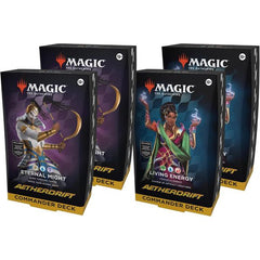 Release Date: 02/14/2025
This bundle includes 2 of each Aetherdrift Commander Deck, with 2 Living Energy decks and 2 Eternal Might decks. Each includes 1 deck of 100 Magic cards (98 nonfoil cards and 2 Traditional Foil Borderless Legendary cards), a 2-card Collector Booster Sample Pack (contains 1 Traditional Foil or nonfoil alt-border card of rarity Rare or higher and 1 Traditional Foil Uncommon card), 10 double-sided tokens, 1 deck box (can hold 100 sleeved cards), 1 strategy insert, and 1 reference card.