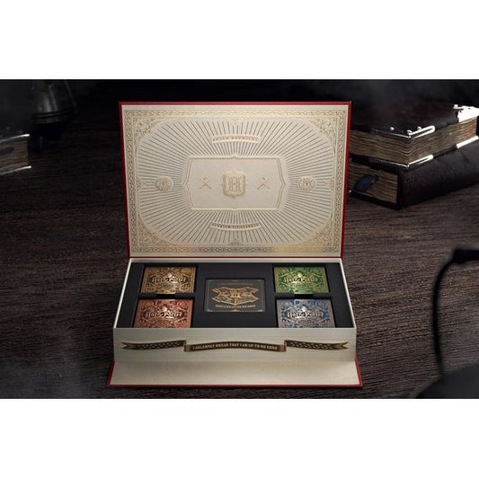 Use your favorite wizarding spell and cause the book to UNLOCK and MOVE by itself, as if by magic!
Inside are five decks of premium Harry Potter Playing Cards, with ornate gold foil and fan-favorite characters like Harry, Hermione, Dumbledore, and more!
Become the next great wizard at Hogwarts! Use spells such Alohomora and Revelio to unlock and reveal secret compartments within.
It looks like magic, but the mechanism works by moving a hidden panel on the bottom of the box. It's easy to learn, and fun to pr