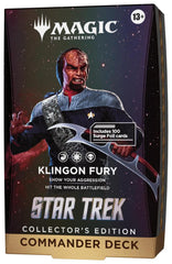 Release Date: 11/13/2026
<p>Bring honor and glory to the Klingon Empire with the <strong>Magic: The Gathering | Star Trek – Klingon Fury Collector's Edition Commander Deck</strong>! Led by the legendary Worf, this aggressive 100-card Commander deck rewards bold combat strategies and attacking multiple opponents simultaneously. Unleash powerful Klingon Warriors, overwhelm your enemies, and prove your strength in thrilling multiplayer battles. Every card features a stunning Surge Foil treatment, including a