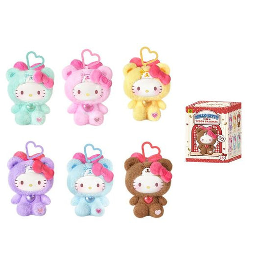 TOP TOY Sanrio Hello Kitty "Teddy Pajamas" plush keychain blind box – random cozy-themed Hello Kitty charm. Snuggle up with the cutest collectible around! This Hello Kitty Teddy Pajamas Series vinyl plush blind box features Hello Kitty dressed in adorable teddy-inspired pajamas, combining soft plush materials with vinyl details for a cozy, collectible design.
Every blind box includes one randomly selected figure, with multiple pajama color variations to collect — including the chance of a rare secret desig