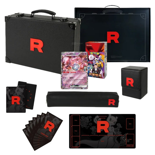 Team Rocket is back — and they're bringing their signature style with them. This exclusive Simplified Chinese Pokemon Glory of Team Rocket Special Briefcase set is themed around the iconic red "R," featuring a sleek black-and-red design that matches Team Rocket's bold, commanding presence.
At the heart of the set is a faux-leather black suitcase with detailed textured stitching, giving it a premium look and feel. It's built for practicality too — with dedicated compartments to organize your cards and battl