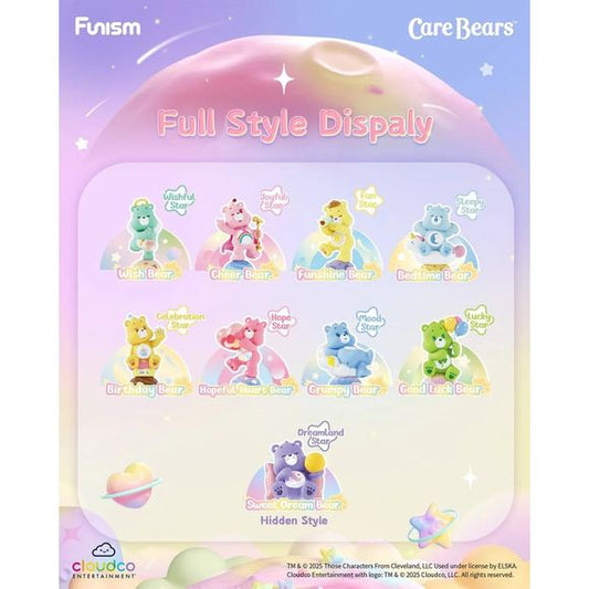 Funism Care Bears Planet of Joy Series Figure Blind Box - 1 Random Blind Box.
Unknown planets far and wide,
Live Care Bears with star inside.
They're unique and full of happy,
With a mission to deliver joy.
Talk, feel, share, and celebrate,
With Care Bears, love won't be late,
In this dreamland, just carpe diem!
Product Styles: 8 basic styles + 1 hidden style
Basic style Probability: 1/8
Hidden Style Probability: 1/36
Size: Approx. Height 68–112 mm