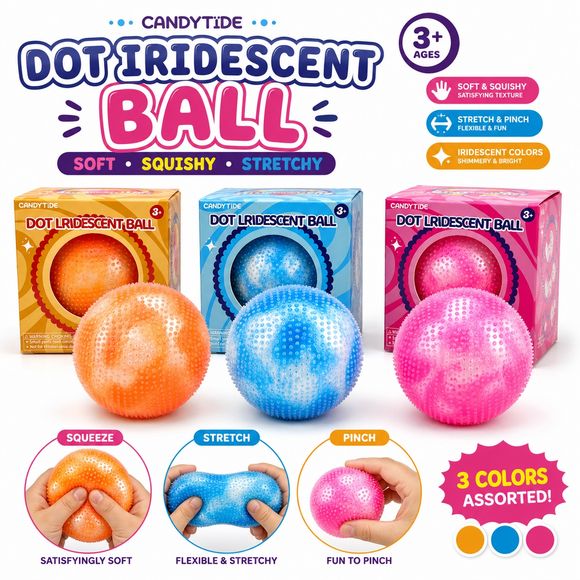 Add a splash of color to your day with the Candytide Dot Iridescent Ball! This fun sensory stress ball features a soft, squeezable design with a unique raised dot texture that feels great in your hands. The iridescent marbled colors and flexible material make it perfect for squeezing, stretching, pinching, and fidgeting, while the ball always returns to its original round shape after use. Available in three assorted colors—orange, blue, and pink—each ball is packaged in a colorful display box and is selecte