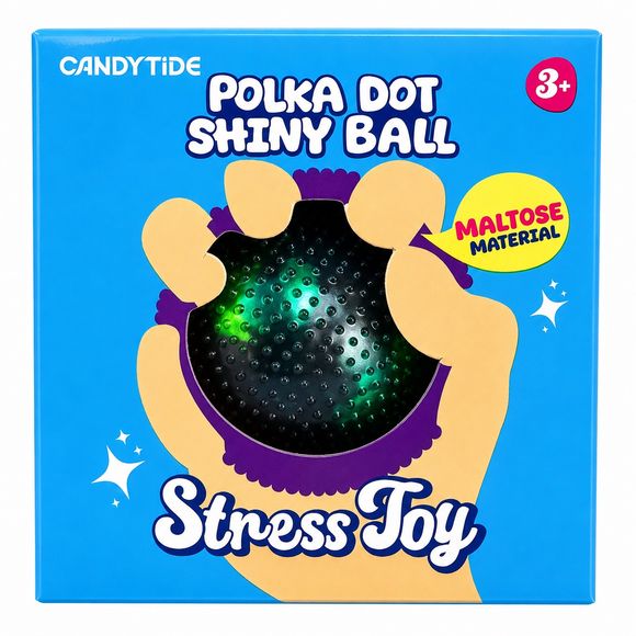 Squish, squeeze, and stretch the Polka Dot Shiny Ball Stress Toy! Covered in tiny soft raised bumps for a fuzzy sensory texture, this shiny stress ball delivers an extra satisfying tactile feel while remaining soft, stretchy, and super squishy. Great for stress relief, fidgeting, and sensory play. Assorted colors.