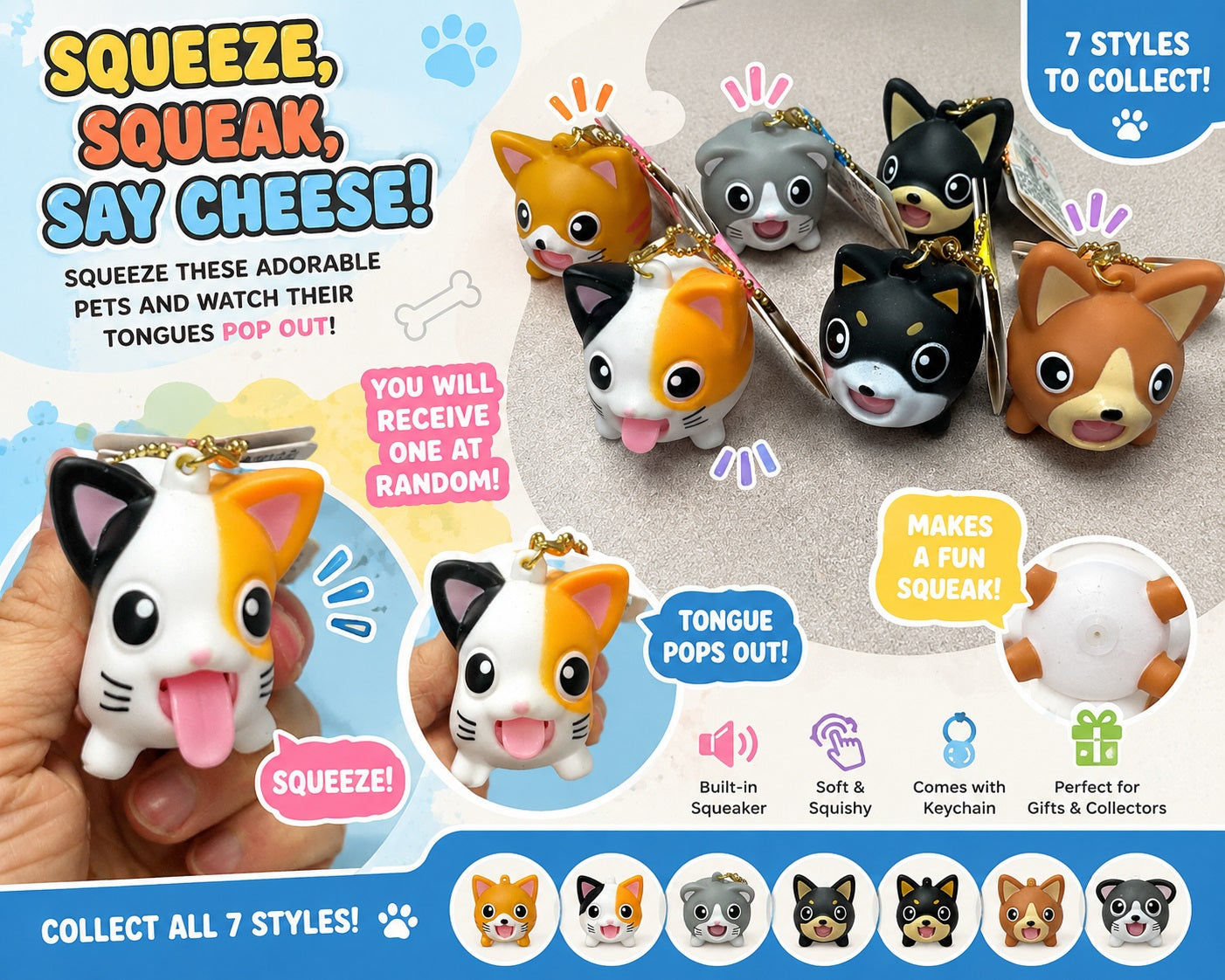Get ready for endless laughs with the Cute Squishy Animal Tongue Pop Squeeze Toy Keychain! These adorable animal companions aren't just cute—they're interactive! Give them a gentle squeeze and watch their silly tongue pop out while they let out a fun squeak, making them the perfect fidget toy, keychain, and collectible all in one.
Each toy features a soft, squishy body with an attached keychain, making it easy to clip onto backpacks, purses, keys, or zipper pulls. With 7 adorable animal designs to collect,