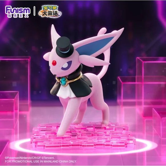 Add a touch of elegance to your Pokémon collection with this Funism Shining Moment Pokémon UNITE Holowear Tuxedo Espeon Figure! Inspired by Espeon's stylish Tuxedo Holowear from Pokémon UNITE, this premium PVC figure showcases the beloved Psychic-type Pokémon dressed in a sophisticated formal outfit complete with a top hat, cape, jeweled collar, and translucent display base.
Standing approximately 4.5 inches (11.4 cm) tall, this beautifully sculpted figure captures Espeon's graceful stride and refined appe