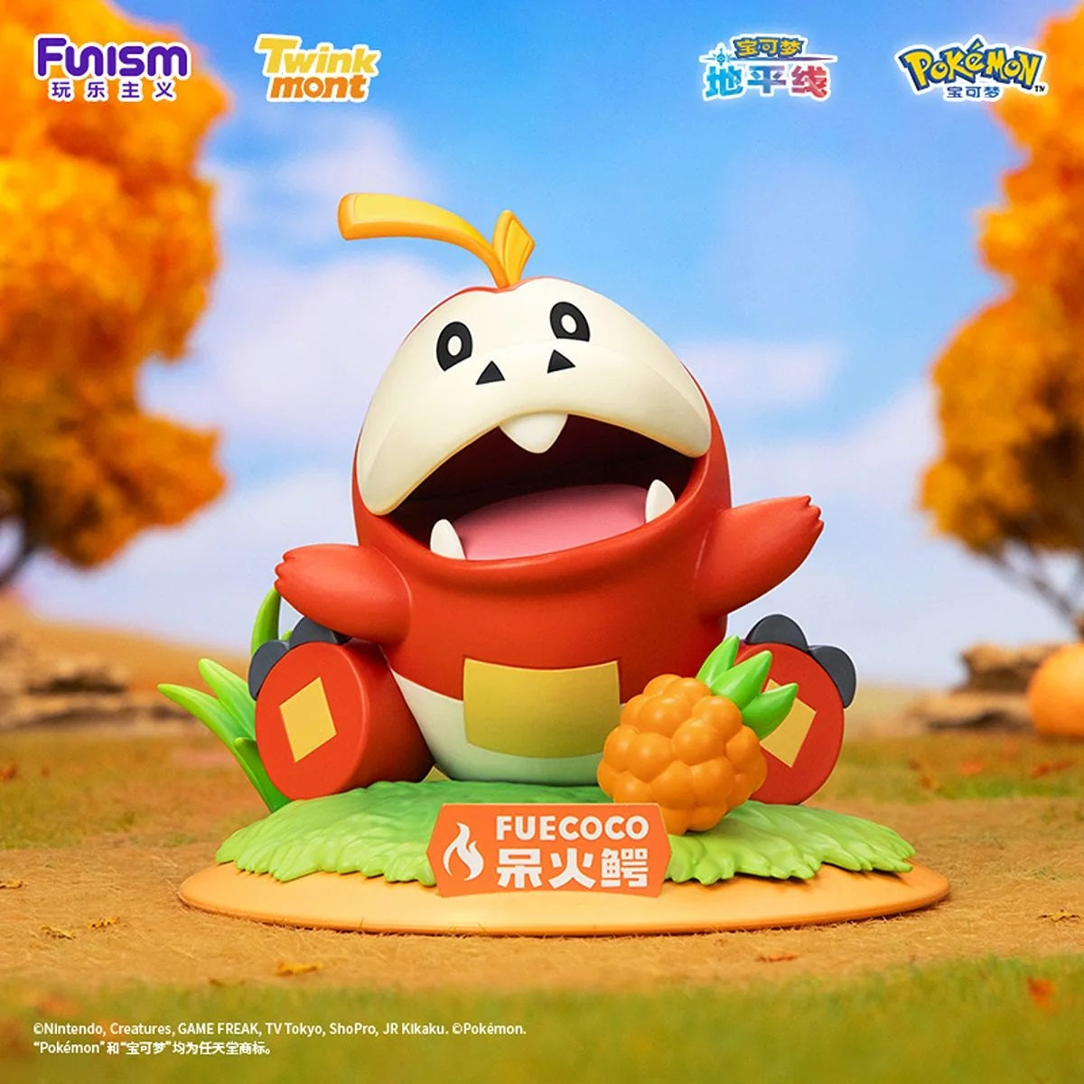 <p>Add the cheerful Fire-type starter <strong>Fuecoco</strong> to your Pokémon collection with this officially licensed <strong>Funism x Twinkmont Pokémon collectible figure</strong>!</p>
<p>This colorful display piece features Fuecoco sitting happily in a warm autumn-inspired scene surrounded by grass and decorative fruit elements. Its wide smile and playful pose capture Fuecoco’s lovable personality, while the scenic base gives the figure a complete display-ready presentation.</p>
<p>Designed for the Ma