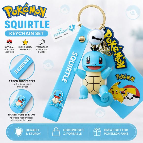 Take your favorite Water-type starter wherever you go with the Pokémon Squirtle Keychain Set! This officially licensed Pokémon accessory features an adorable 3D Squirtle figure paired with premium rubber charms and a durable wrist strap, making it the perfect accessory for keys, backpacks, purses, and more.
Designed with vibrant colors and high-quality materials, this collectible keychain is both fun and functional. The soft-touch rubber wrist strap features raised "Squirtle" lettering and a matching Squir